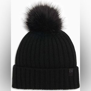 Calvin Klein Women Ribbed Faux Fur Pom-Pom Beanie